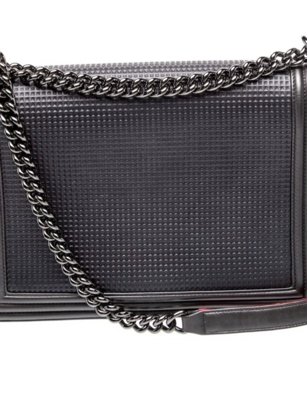 CHANEL Textured Gray Messenger Bag with Chain Strap and Red Accent XXL